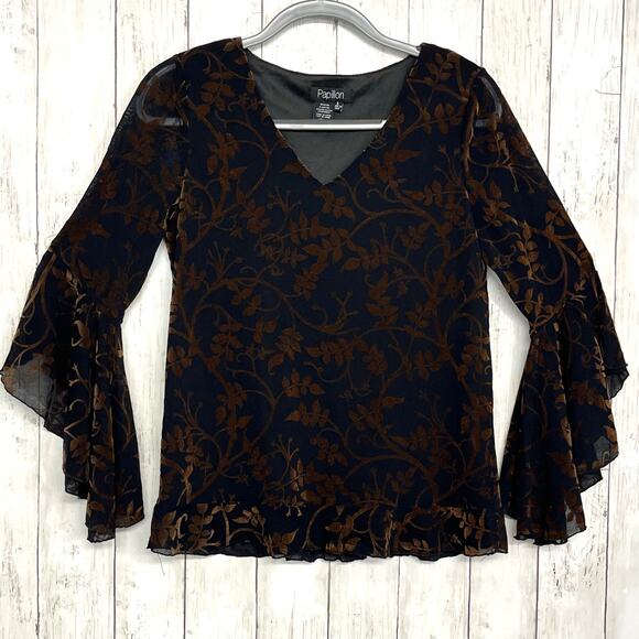 Papillon Black Brown Velvet Brocade Ruffle Trumpet Sleeve Flowy Lined Blouse - Picture 1 of 7